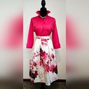 Chicwish Cottage Core Floral Pleated Midi Skirt White with Pink Floral Print L